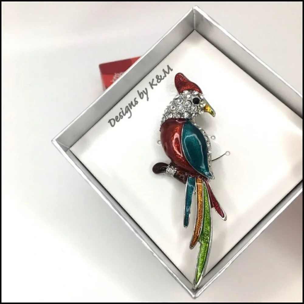 Enamel and Rhinestone Parrot Brooch